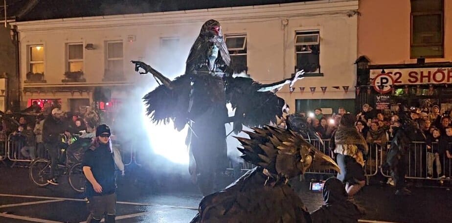 Towering spirits parade through the town of Trim on Hallowe'en night at Puca Festival